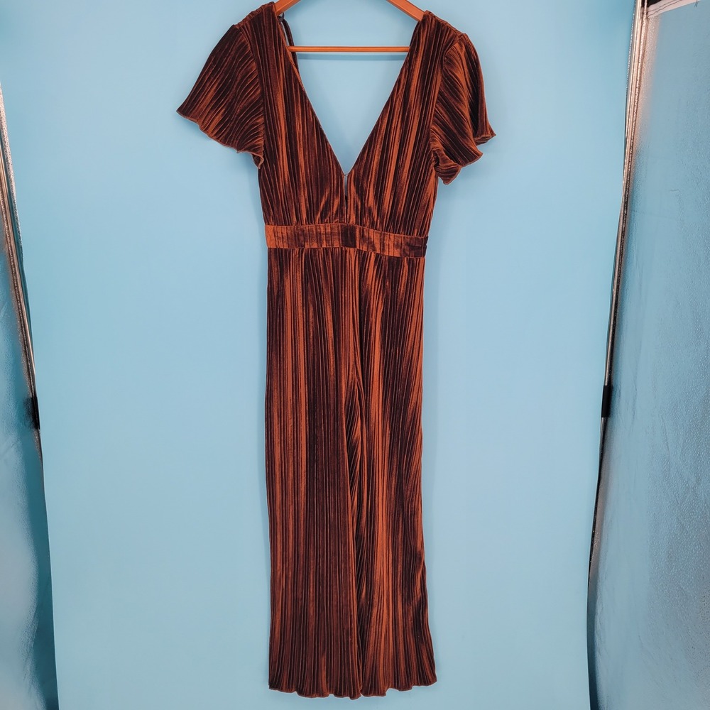 NWT MINKPINK Lex Plisse Velvet Jumpsuit Metallic Copper Wide Leg textured sexy